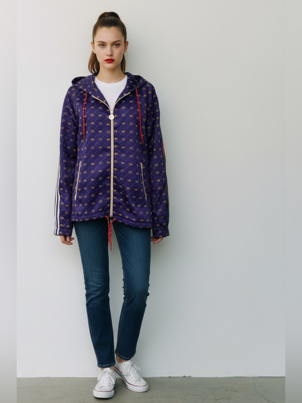 Gucci x adidas Trefoil Print Bomber Jacket Purple & Red Size 46